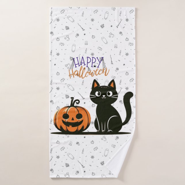 Happy Halloween cat & pumpkin Bath Towel (Bath Towel)