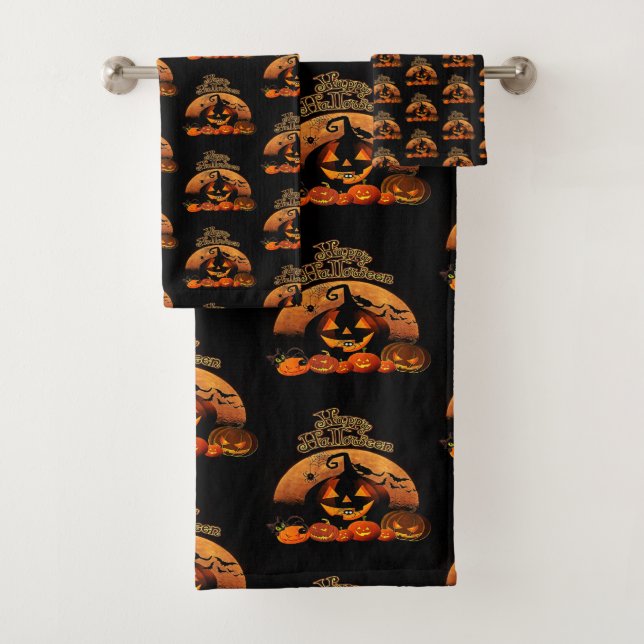 Happy Halloween Cat Pumpkin Bath Towel Set (Insitu)