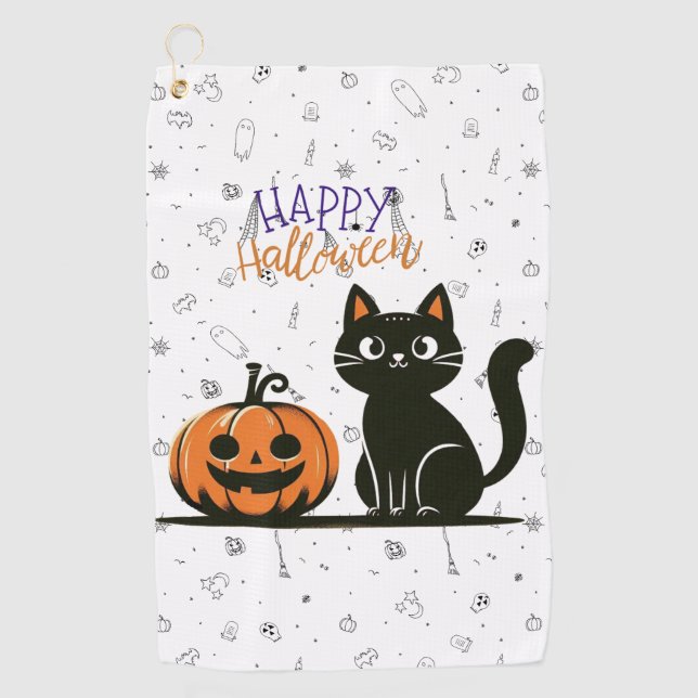 Happy Halloween cat & pumpkin Golf Towel (Front)