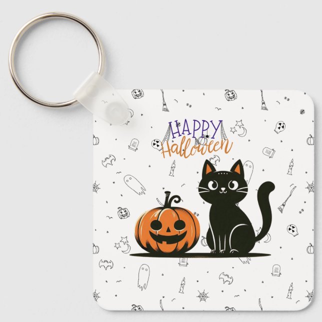 Happy Halloween cat & pumpkin Key Ring (Front)