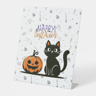 Happy Halloween cat & pumpkin Pedestal Sign