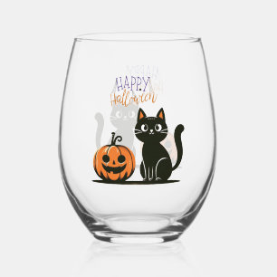 Happy Halloween cat & pumpkin Stemless Wine Glass