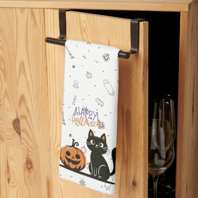 Happy Halloween cat & pumpkin Tea Towel (Thirds Fold)