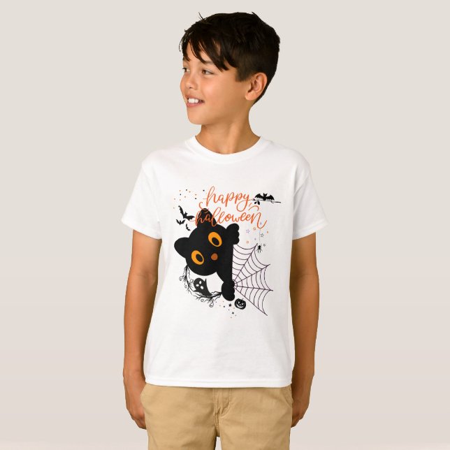 Happy Halloween Cat & Pumpkins T-Shirt (Front Full)