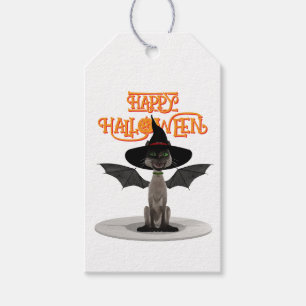 Happy Halloween. Cat with wings and witch's hat Gift Tags