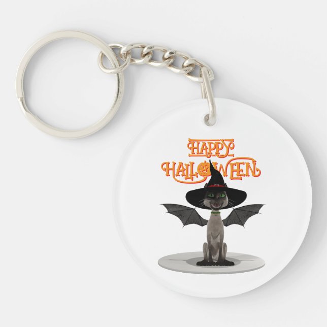 Happy Halloween. Cat with wings and witch's hat Key Ring (Front)