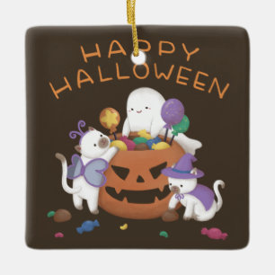 Happy Halloween: Cats & Ghost Ceramic Ornament