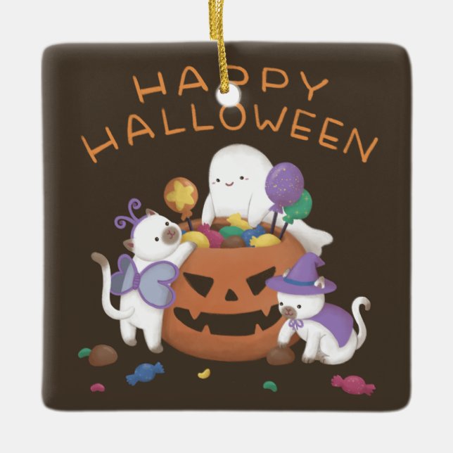 Happy Halloween: Cats & Ghost Ceramic Ornament (Front)