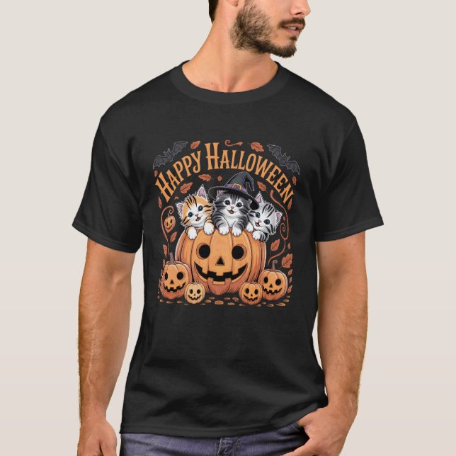 Happy Halloween Cats in Pumpkin with Witch Hat Des T-Shirt (Front)