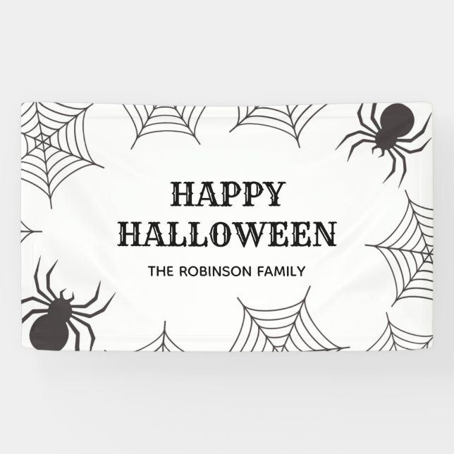 Happy Halloween Cobweb Spiders Black & White Party Banner (Horizontal)