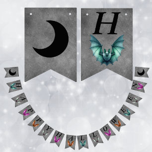 Happy Halloween Colourful Flying Bats Dark Grey Bunting