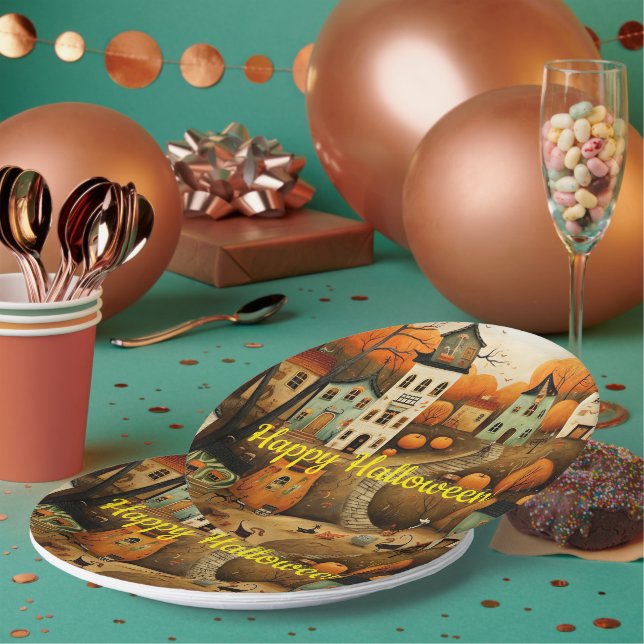 Happy Halloween colourful illustration Paper Plate (Multi)