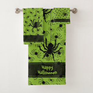 Happy Halloween Creepy Crawly Spiders Green BG Bath Towel Set