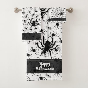 Happy Halloween Creepy Crawly Spiders White BG Bath Towel Set