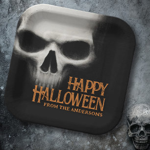 Happy Halloween creepy ghost skull black orange Paper Plate