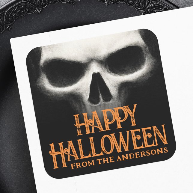 Happy Halloween creepy ghost skull black orange Square Sticker (Happy Halloween creepy ghost skull black orange Square Sticker)