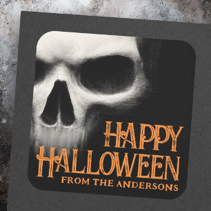 Happy Halloween creepy ghost skull black orange Square Sticker