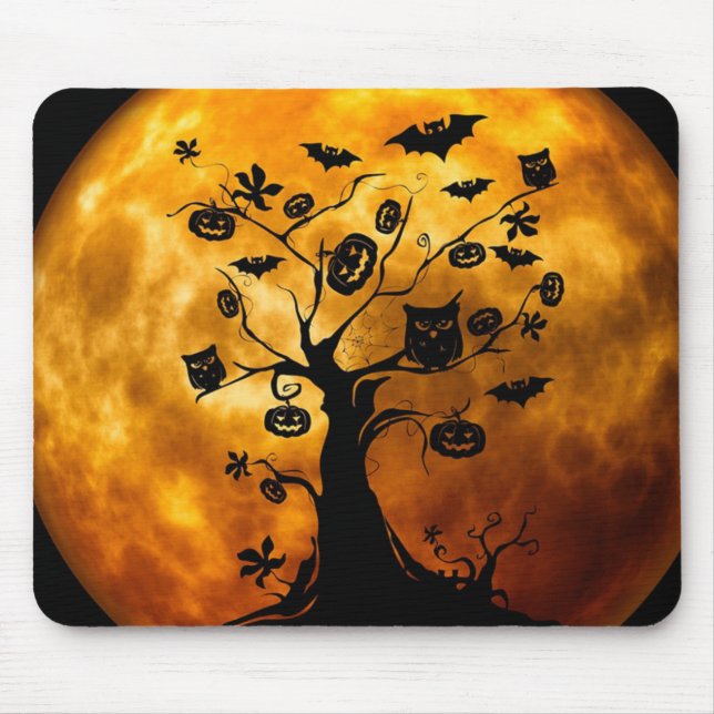 Happy Halloween Creepy Owls on a Tree Mousepad (Front)