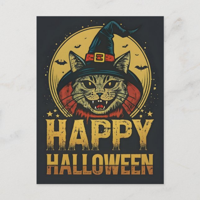 Happy Halloween Creepy Witch Cat Holiday Postcard (Front)