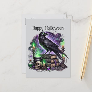 Happy Halloween crow spell books Holiday Postcard