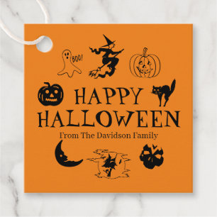 Happy Halloween custom name black & orange spooky Favour Tags