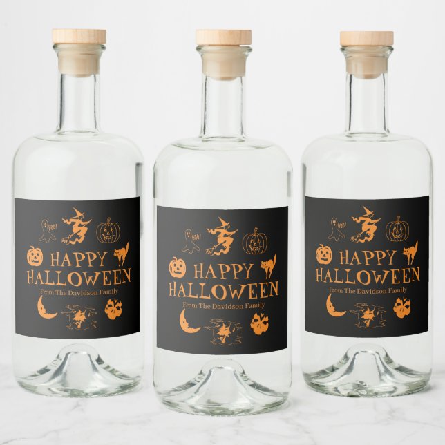 Happy Halloween custom name black orange spooky  Liquor Bottle Label (Bottles)