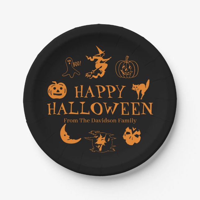 Happy Halloween custom name black orange spooky  Paper Plate (Front)