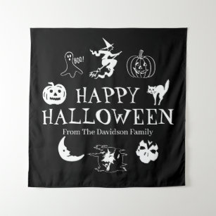 Happy Halloween custom name black spooky decor Tapestry
