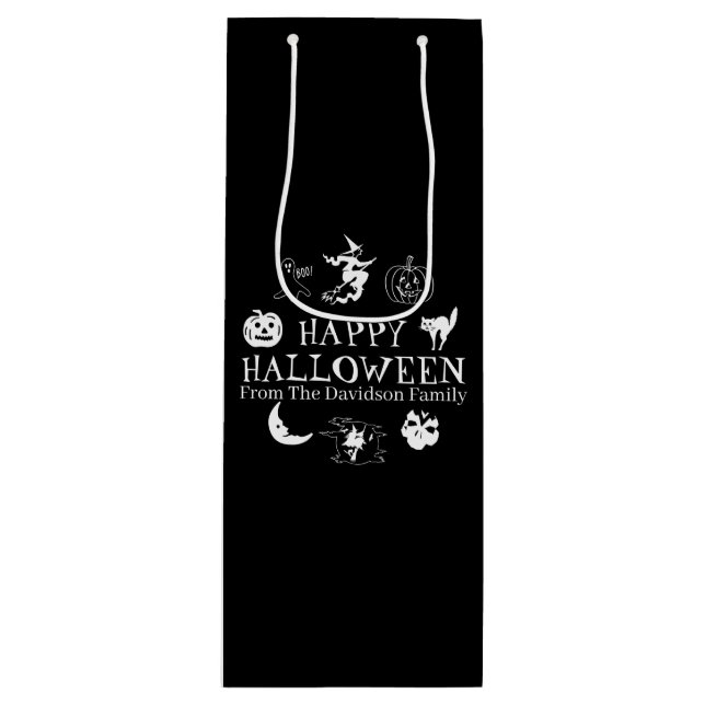 Happy Halloween custom name black spooky Wine Gift Bag (Front)