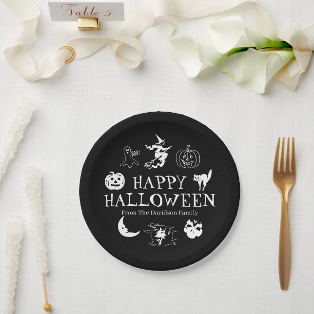 Happy Halloween custom name black white spooky Paper Plate (Wedding)