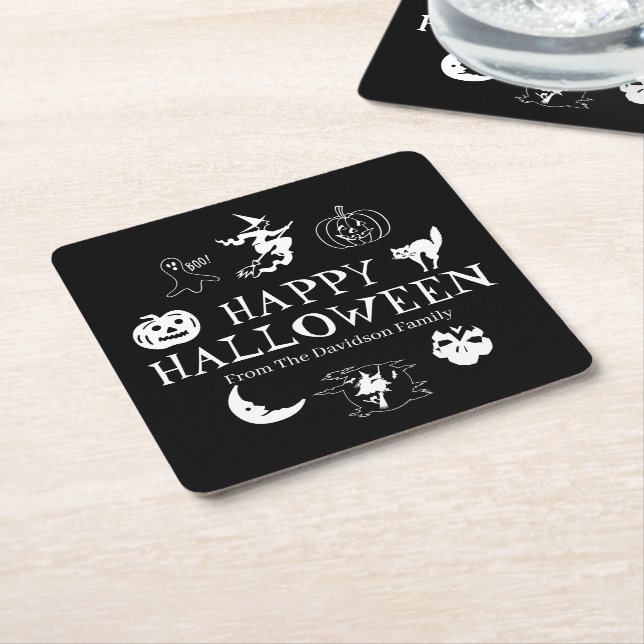 Happy Halloween custom name black white spooky Square Paper Coaster (Angled)