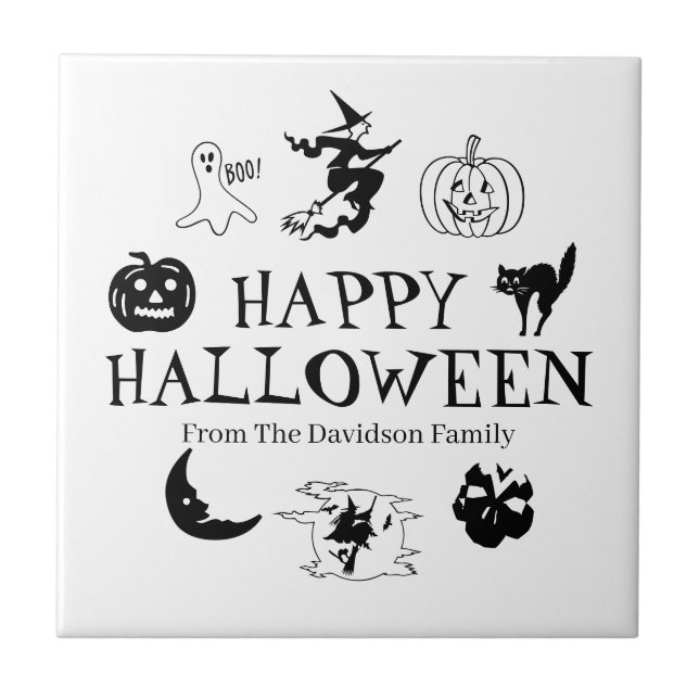 Happy Halloween custom name black white spooky Tile (Front)