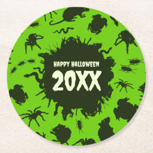 Happy Halloween Custom Text Dark Creepy Crawlies Round Paper Coaster