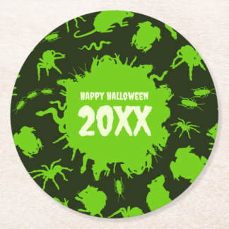 Happy Halloween Custom Text Green Creepy Crawlies Round Paper Coaster