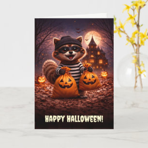 Happy Halloween Cute and Fun Racoon Trick Treatin Card