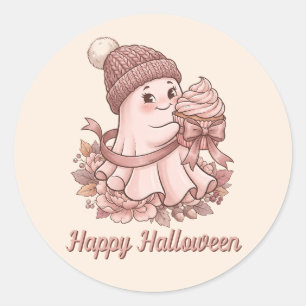 Happy Halloween Cute Autumn Harvest Ghost&Cupcake Classic Round Sticker