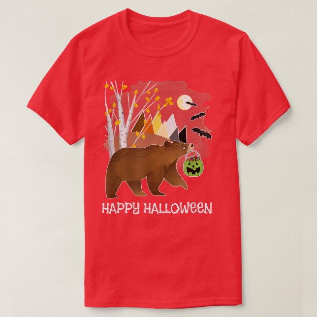 Happy Halloween Cute Bear Mountains Birch Trees Fa T-Shirt (Design Front)