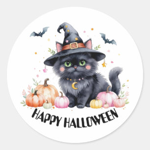 Happy Halloween Cute Black Cat Classic Round Sticker