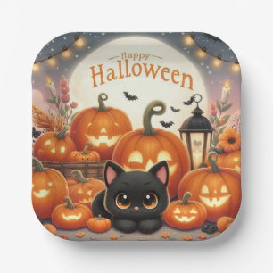 Happy Halloween Cute Black Cat, Pumpkins Paper Plate