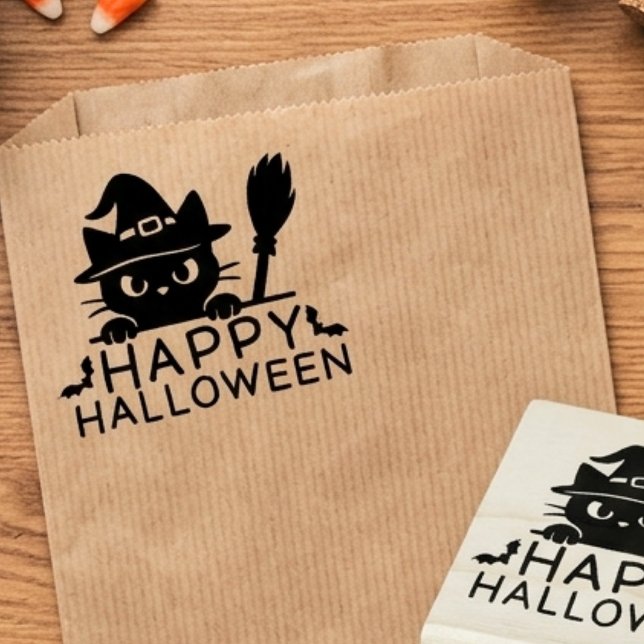 Happy Halloween Cute Black Cat Witch Rubber Stamp (Creator Uploaded)