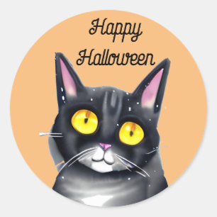 Happy Halloween Cute Black Cat Yellow Eyes Classic Round Sticker