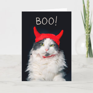 Happy Halloween Cute Cat in Devil Costume Holiday Card