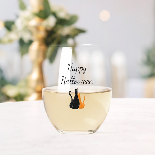Happy Halloween Cute Cats Orange Black Kitties Stemless Wine Glass (Insitu (Wedding))