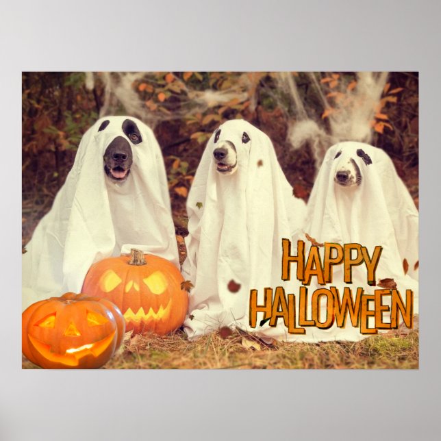 Happy Halloween Cute Dogs in Ghost Costumes  Poster (Front)