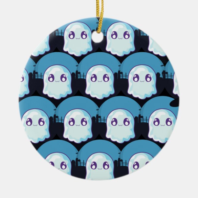 Happy Halloween Cute Funny Baby Ghost Blue Pattern Ceramic Tree Decoration (Front)