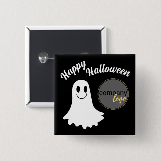 HAPPY HALLOWEEN CUTE GHOST ADD YOUR LOGO BUSINESS 15 CM SQUARE BADGE (Front & Back)