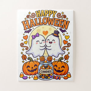 Happy Halloween Cute Ghost Couple with Candy Jar Jigsaw Puzzle