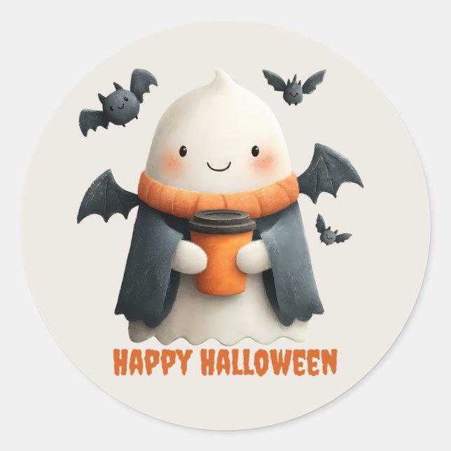 Happy Halloween Cute Ghost Design Classic Round Sticker (Front)