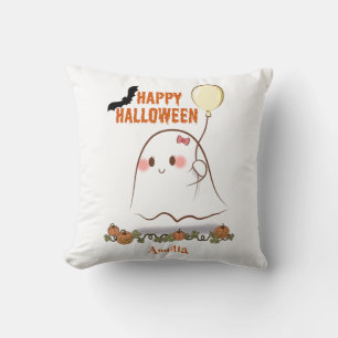 Happy Halloween Cute Ghost Holding A Balloon Name Cushion