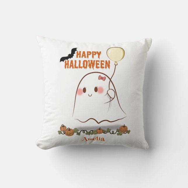 Happy Halloween Cute Ghost Holding A Balloon Name Cushion (Front)